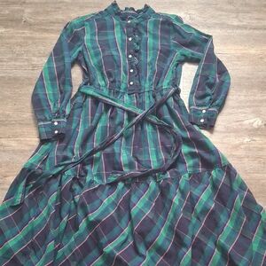 Green and Blue Ruffled A-Line Dress with Mandarin Collar